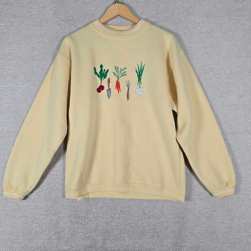 Antero Natural Designs Yellow Embroidered Vegetable Garden Sweatshirt Womens M
